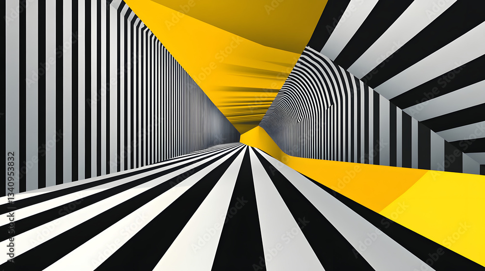 Poster 3d black and white lines in perspective with yellow elements abstract vector background, linear pers