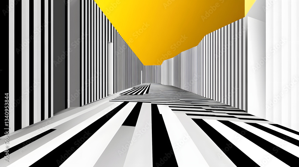 Poster 3d black and white lines in perspective with yellow elements abstract vector background, linear pers
