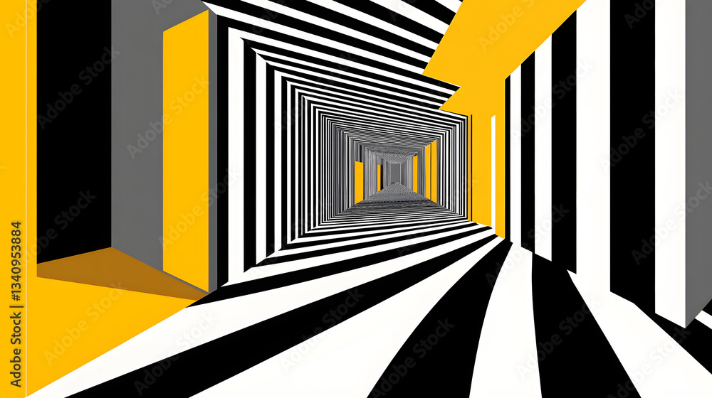 Poster 3d black and white lines in perspective with yellow elements abstract vector background, linear pers