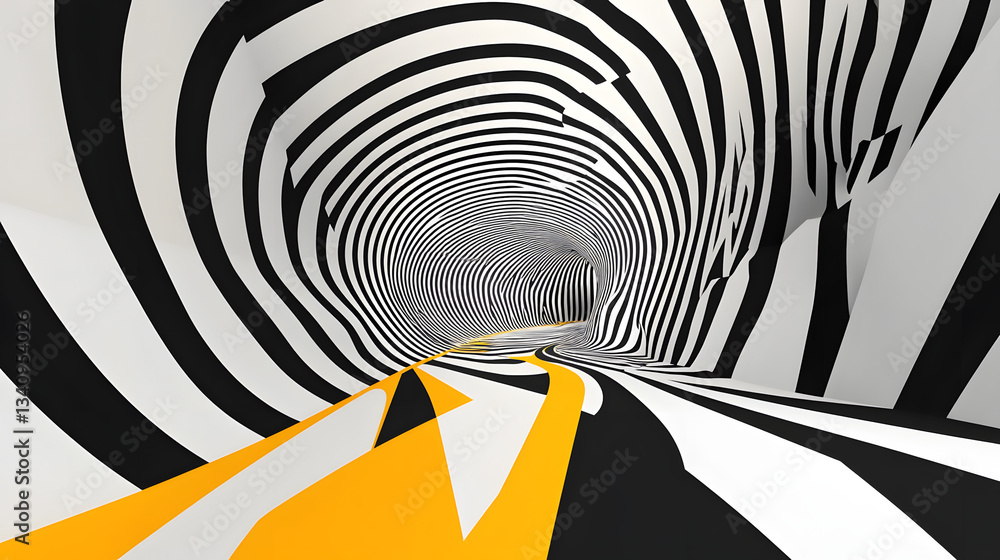 Poster 3d black and white lines in perspective with yellow elements abstract vector background, linear pers