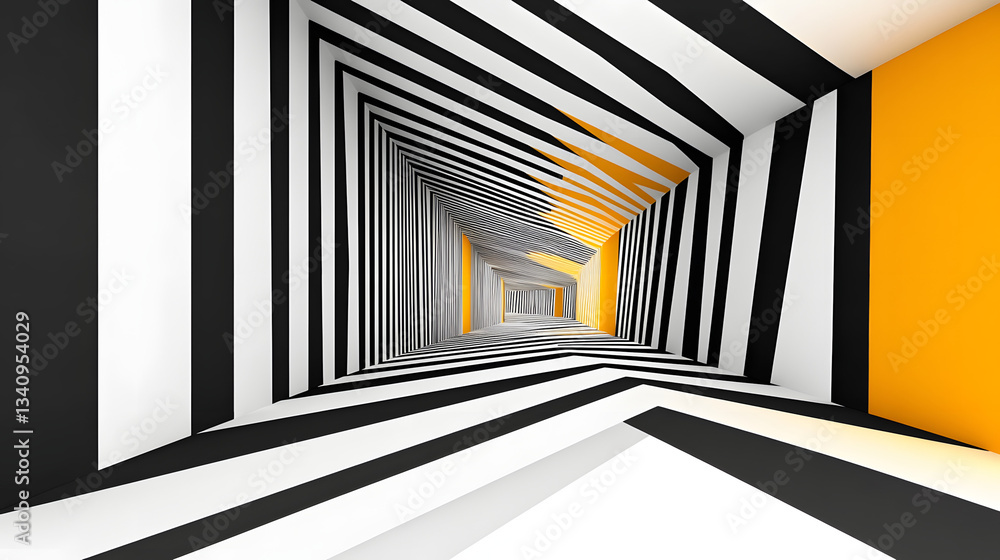 Poster 3d black and white lines in perspective with yellow elements abstract vector background, linear pers