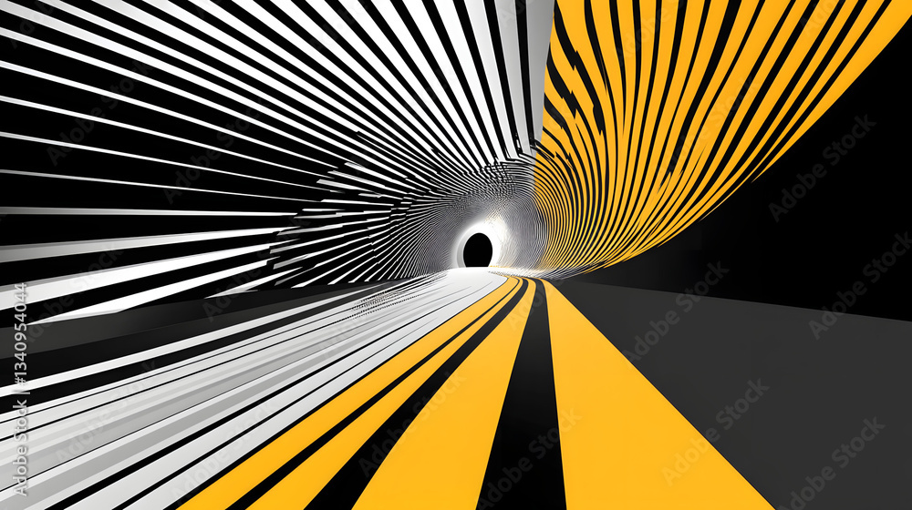 Poster 3d black and white lines in perspective with yellow elements abstract vector background, linear pers