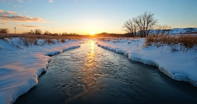 Serene winter sunset over a frozen stream. Golden hour light reflects on the icy water, surrounded by snow-covered banks and leafless trees