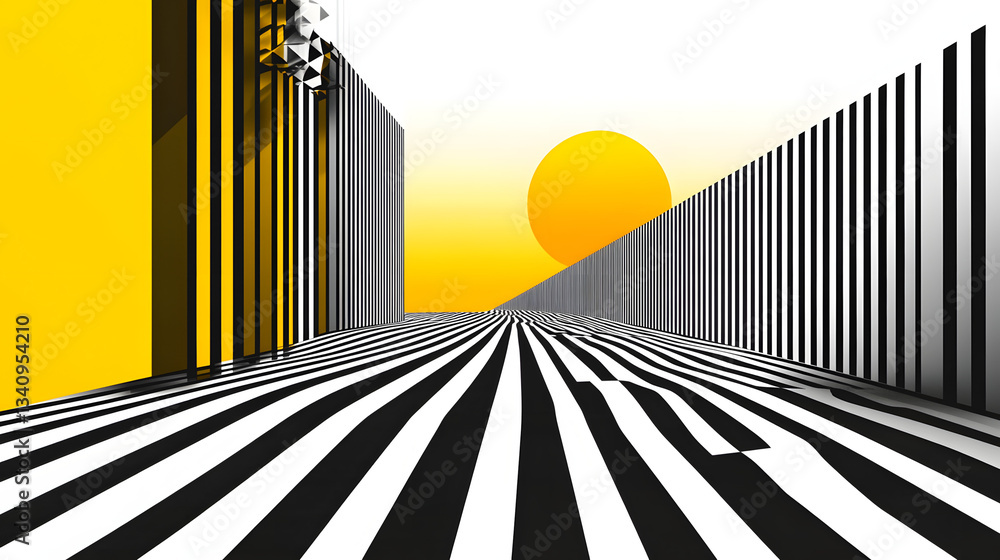 Poster 3d black and white lines in perspective with yellow elements abstract vector background, linear pers
