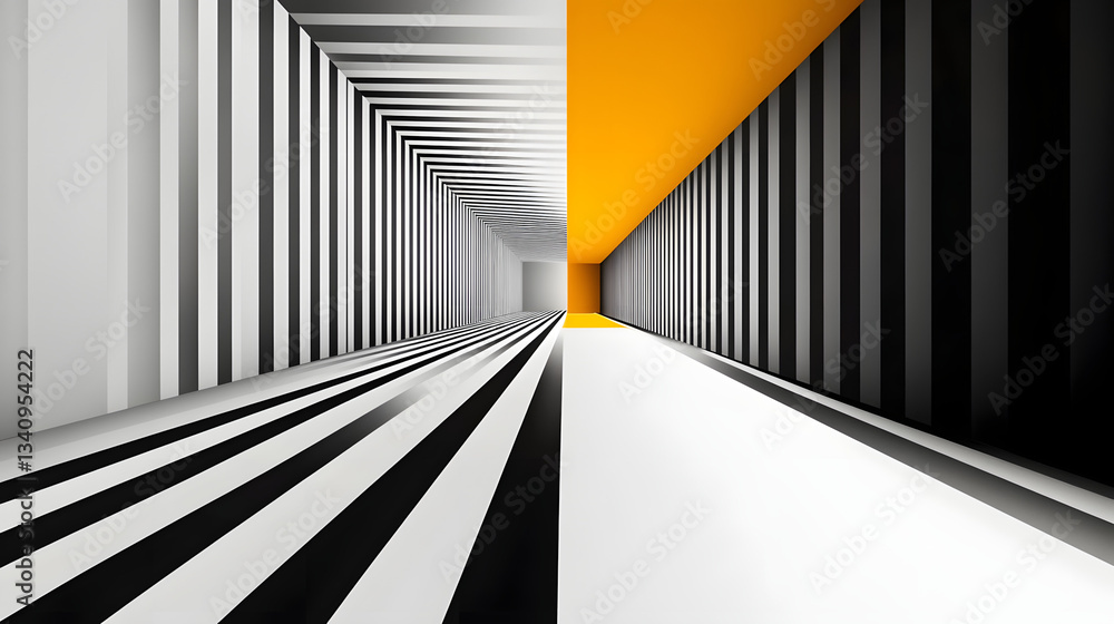 Poster 3d black and white lines in perspective with yellow elements abstract vector background, linear pers