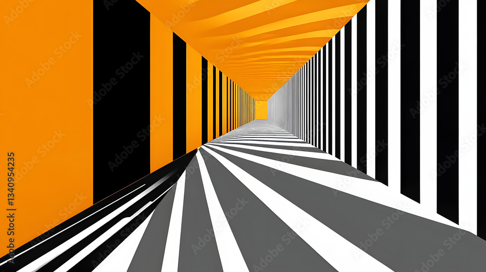 Poster 3d black and white lines in perspective with yellow elements abstract vector background, linear pers