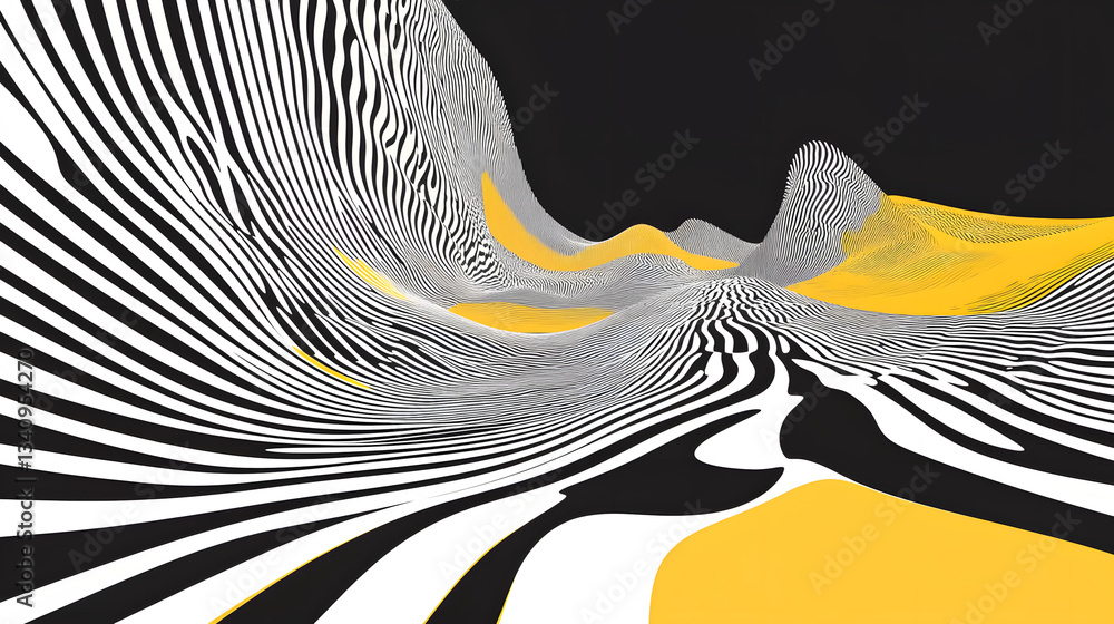 Poster 3d black and white lines in perspective with yellow elements abstract vector background, linear pers