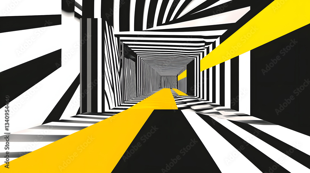 Aufkleber 3d black and white lines in perspective with yellow elements abstract vector background, linear pers