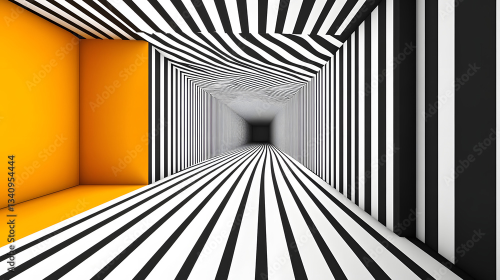 Poster 3d black and white lines in perspective with yellow elements abstract vector background, linear pers