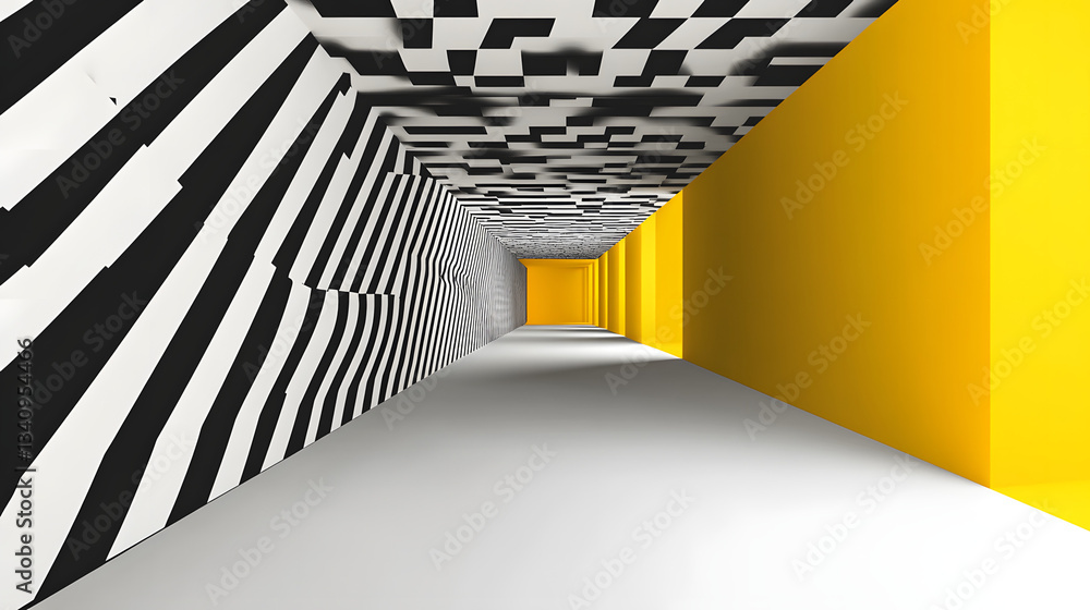 Poster 3d black and white lines in perspective with yellow elements abstract vector background, linear pers