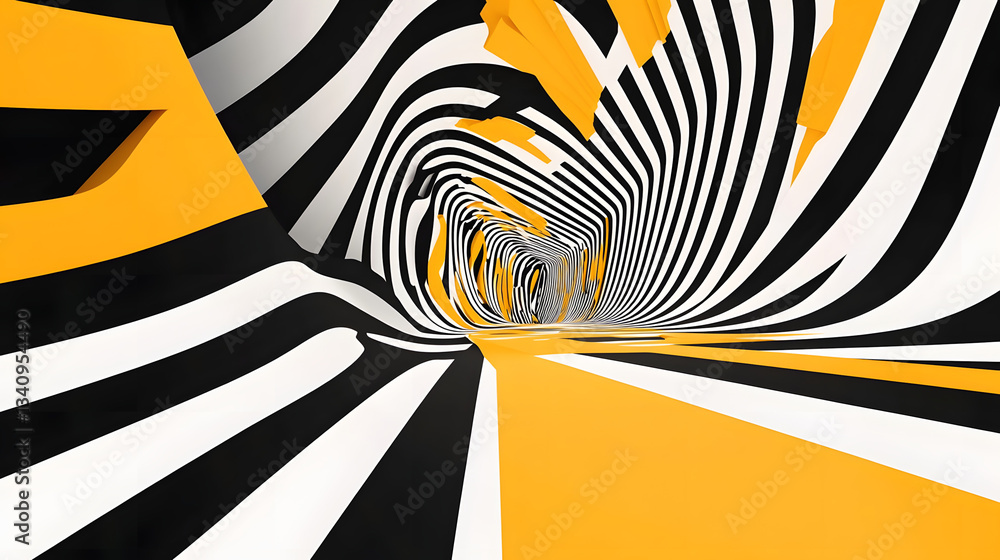 Aufkleber 3d black and white lines in perspective with yellow elements abstract vector background, linear pers