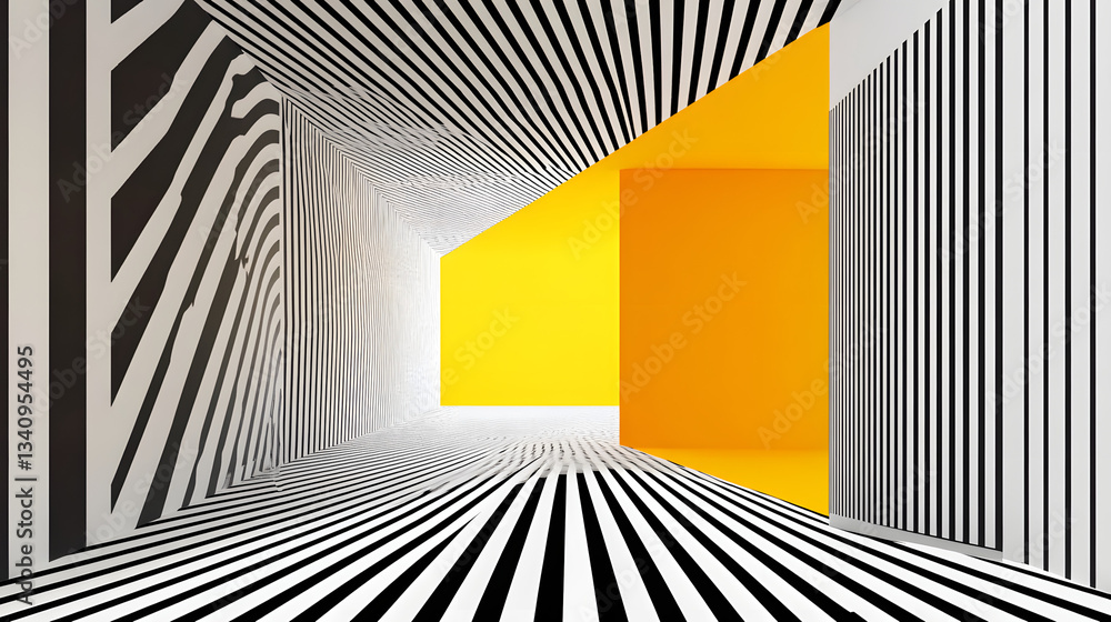 Poster 3d black and white lines in perspective with yellow elements abstract vector background, linear pers