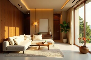 Fototapeta premium Serene Modern Living Room Design with Wooden Accents and Natural Light Streaming Through Large Windows