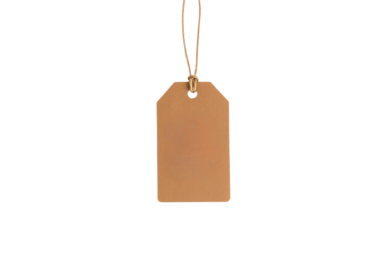 A blank brown tag with a string looped through a hole at the top, simple and versatile for labeling purposes, isolated on a transparent background - Powered by Adobe