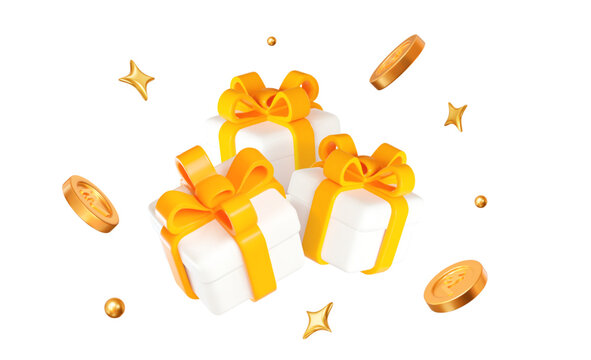 3d white gift box with yellow ribbon and flying gold Indian rupees coins and balls. Stock vector illustration on isolated background.	
