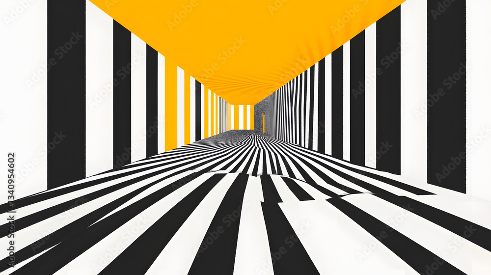 Poster 3d black and white lines in perspective with yellow elements abstract vector background, linear pers