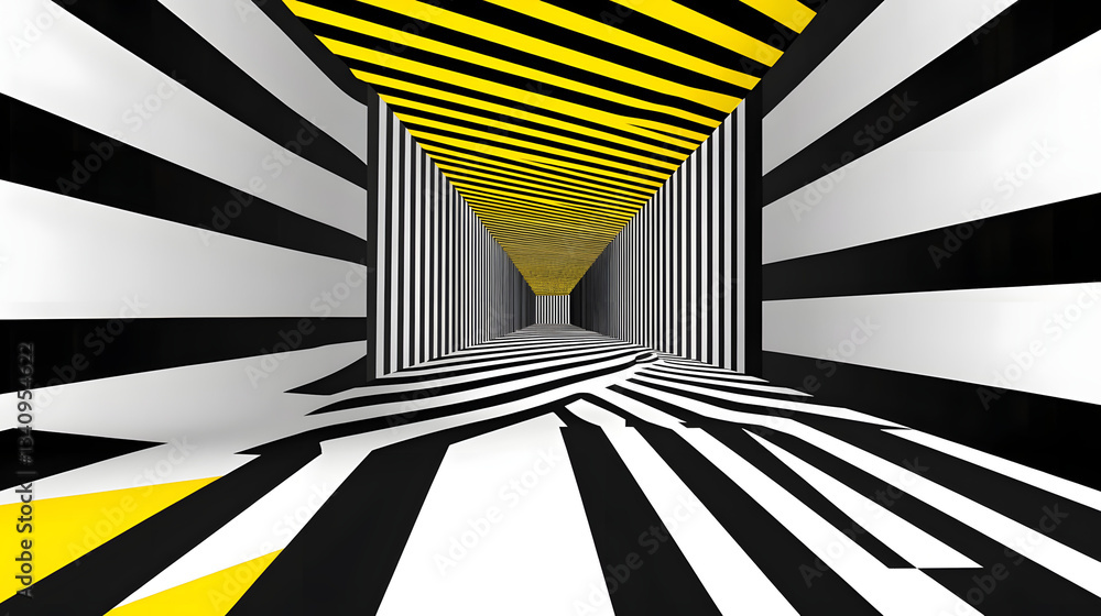 Poster 3d black and white lines in perspective with yellow elements abstract vector background, linear pers
