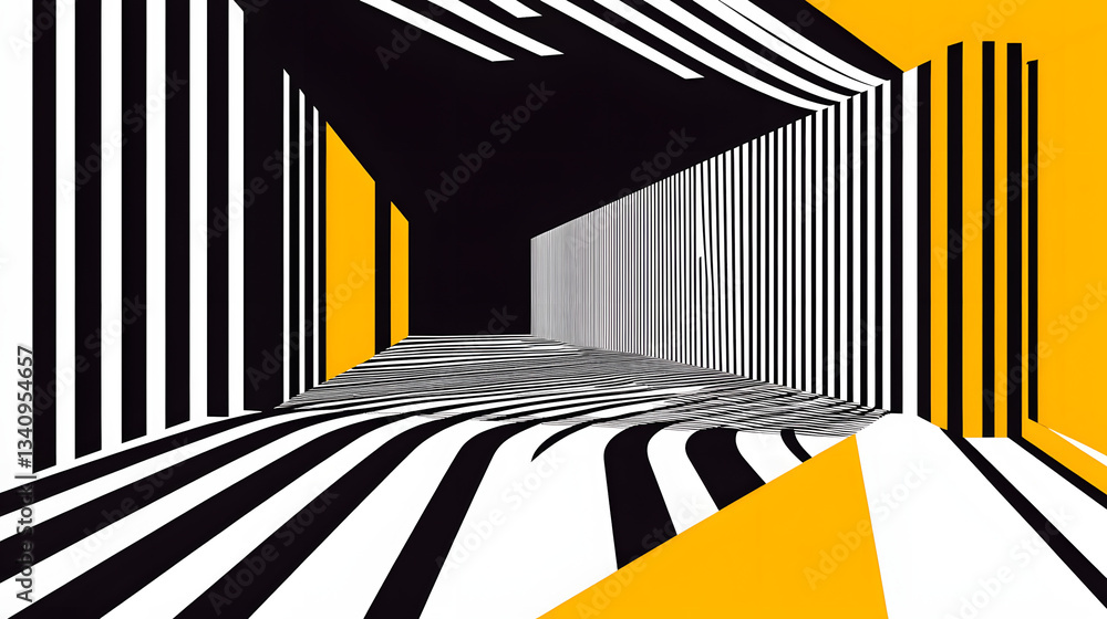 Poster 3d black and white lines in perspective with yellow elements abstract vector background, linear pers
