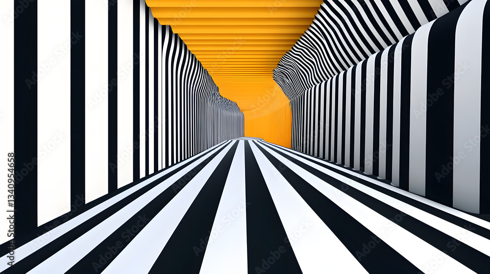 Poster 3d black and white lines in perspective with yellow elements abstract vector background, linear pers