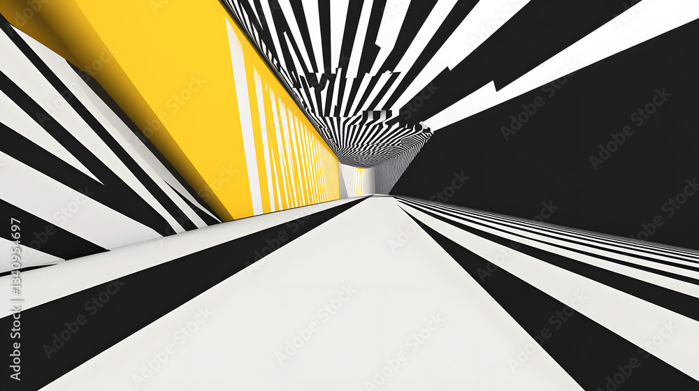 Poster 3d black and white lines in perspective with yellow elements abstract vector background, linear pers