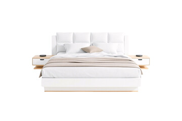 A contemporary white bed with a tufted headboard, soft white bedding, and two minimalist side tables with built-in nightstands, exuding luxurious hotel-like comfort, isolated on transparent background