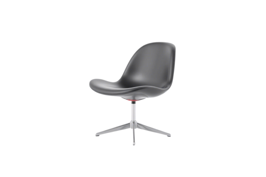 A curved black chair with a smooth seat and a metallic four-legged base, blending ergonomic comfort with contemporary design, isolated on a transparent background