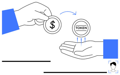 Hand holding dollar coin exchanges for token in extended palm, visualizing trade, currency exchange. Ideal for finance, cryptocurrency, tokenization, payment systems, blockchain, virtual economy
