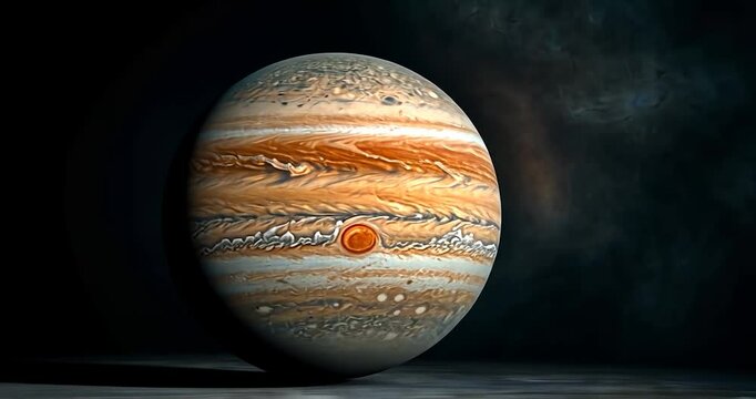 Detailed view of Jupiter, showcasing its swirling clouds and atmospheric bands in a dark background. The planet is the central focus, with subtle lighting enhancing its texture and colors
