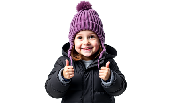 Smiling toddler girl thumbs up isolated on transparent background. Happy child portrait, winter clothes, studio shot.
