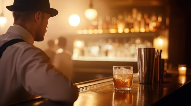 A hidden Prohibition-era speakeasy bar with dim lighting, vintage decor, and bartenders crafting classic cocktails. Patrons in elegant 1920s fashion.