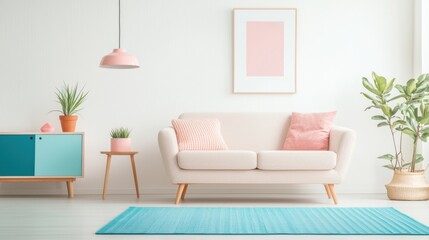 Fototapeta premium Cozy and Modern Living Room Interior with Pastel Colors and Plant Decorations for Contemporary Home Design Inspiration
