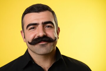 Obraz premium A person with a distinctive mustache set against a bright yellow background