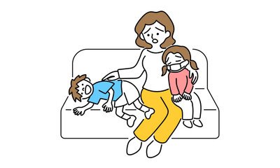 ソファに座っている母親と子供のイラスト