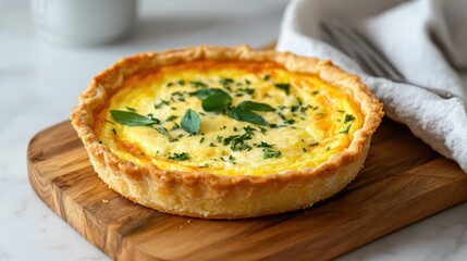 Freshly Baked Quiche on Wooden Board with Herbs and Creamy Filling, Ready to Serve for Breakfast or Brunch Gathering in Cozy Kitchen Atmosphere