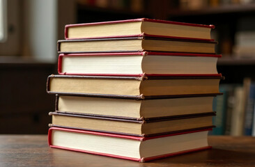 A stack of books with worn corners lies on the table.
