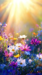 Fototapeta premium Beautiful dewy wildflowers are glowing in the golden light of the rising sun in a peaceful spring meadow, creating a serene and idyllic natural scene