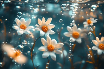Fototapeta premium Submerged white daisies with bubbles in tranquil underwater scene