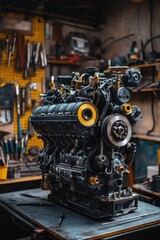 Fototapeta premium A black engine sits on a table