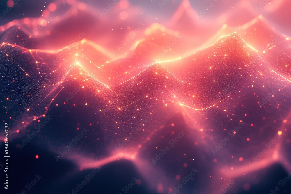 Poster digital connections abstract wave pattern with orange and blue glowing particles on a dark backgroun