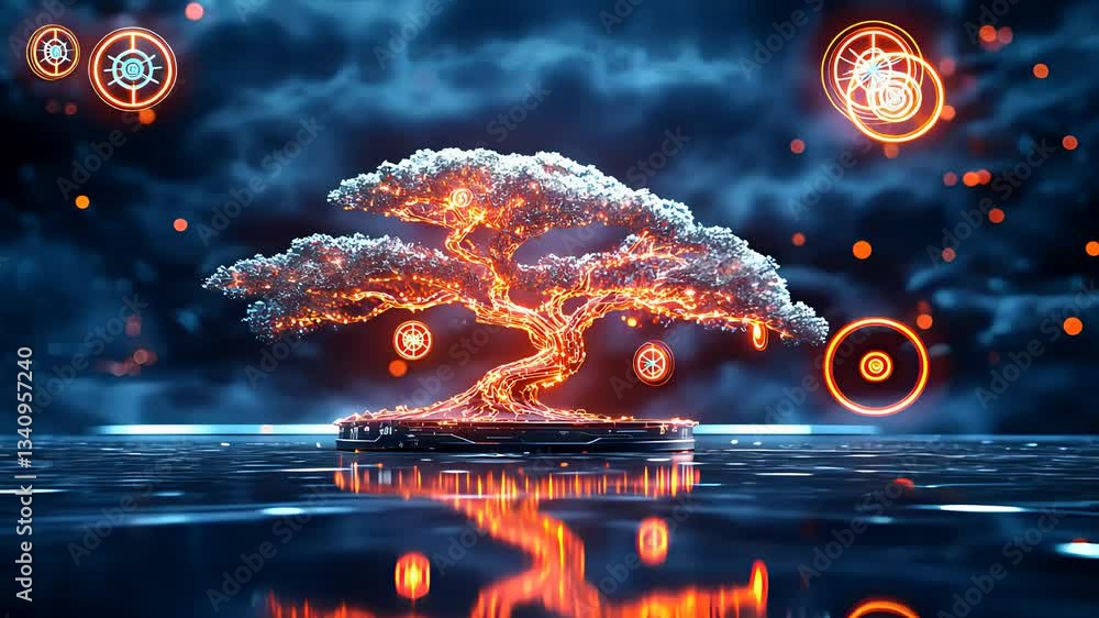 Poster glowing futuristic tree with digital elements floating over water in a sci-fi cyberpunk environment