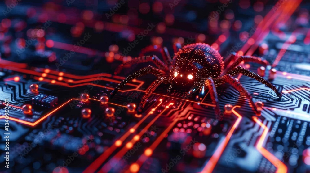 Poster digital spider representing malware breaches and data protection challenges in network systems
