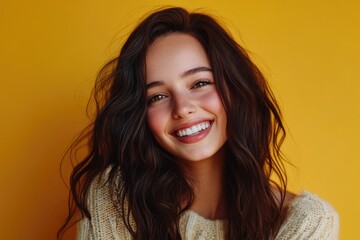 Naklejka premium A beautiful young woman with long brown hair in a natural setting