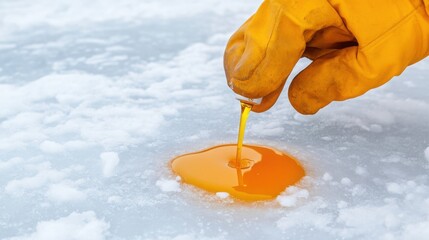 A mechanic accidentally spills engine oil on icy ground, slow freeze reaction visible, high detail