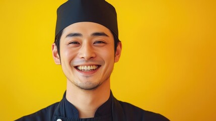 A cheerful chef with a white hat and apron posing for the camera
