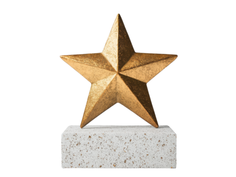 Golden star sculpture on a white stone base displayed decoratively on a transparent background, cut out