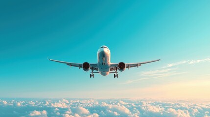 Obraz premium Airplane Flying Above Clouds During Sunset with Beautiful Sky Colors in Background, Capturing Serenity of Travel and Adventure