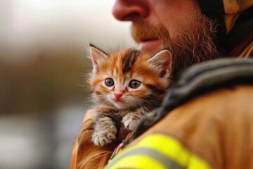 A heroic firefighter cradles a tiny kitten in his arms, showing compassion and care