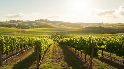 Fototapeta premium A large, sprawling vineyard under a bright August sky, with rows of grapevines heavy with ripened grapes
