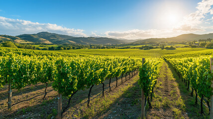 A large, sprawling vineyard under a bright August sky, with rows of grapevines heavy with ripened grapes