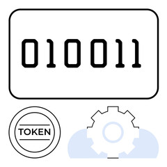 Binary digits, token circle, and gear over cloud signify coding, blockchain, data analysis, automation, cloud computing, digital currency and technology. Ideal for cybersecurity AI innovation